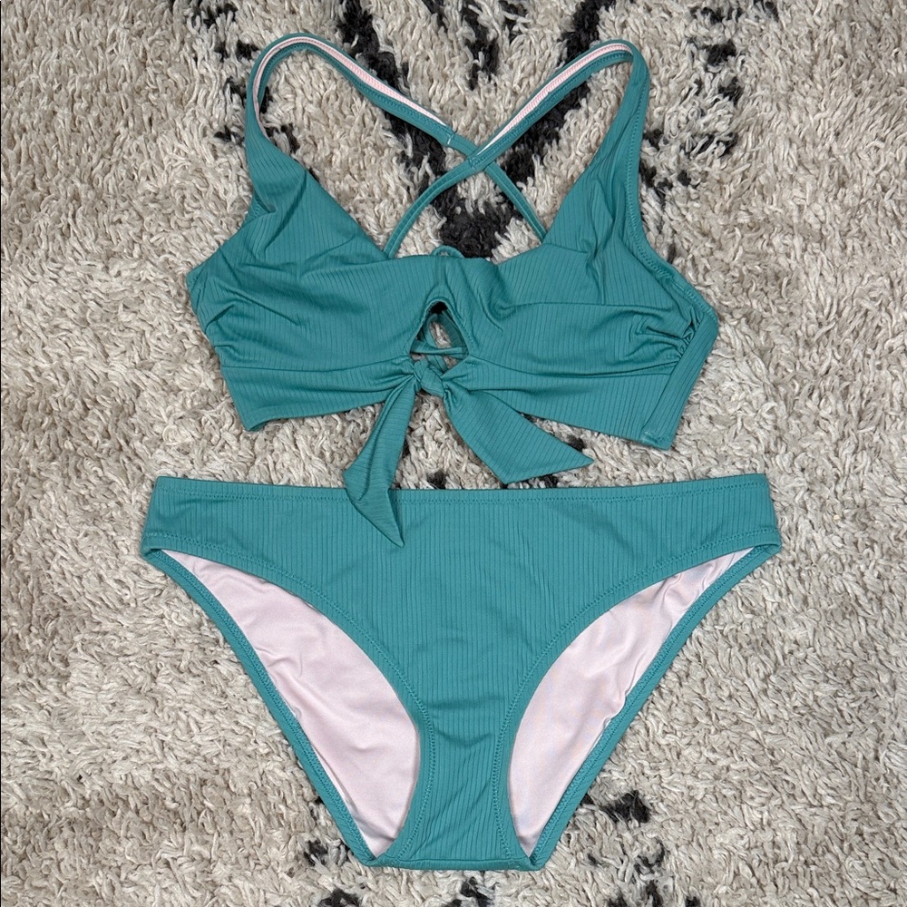 Shade & Shore Ribbed Teal Women's Swim Set - Top Size 34C, Bottom Size L - Picture 1 of 11